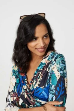 Leaf Print Knee Length Wrap Dress -Hallmark Style D169990 MULTI GREEN 5