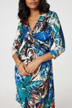Leaf Print Knee Length Wrap Dress -Hallmark Style D169990 MULTI GREEN 6