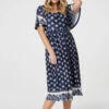 Printed 1/2 Batwing Sleeve Midi Dress 1 Printed 1/2 Batwing Sleeve Midi Dress -Hallmark Style D170051 NAVY AND WHITE 1