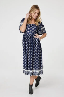 Printed 1/2 Batwing Sleeve Midi Dress -Hallmark Style D170051 NAVY AND WHITE 2