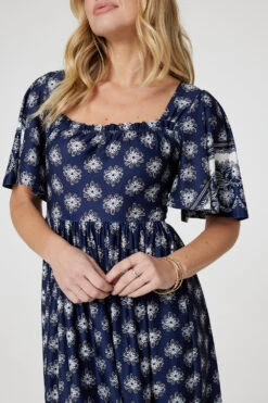 Printed 1/2 Batwing Sleeve Midi Dress -Hallmark Style D170051 NAVY AND WHITE 6