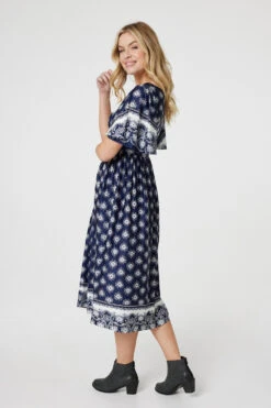 Printed 1/2 Batwing Sleeve Midi Dress -Hallmark Style D170051 NAVY AND WHITE 7