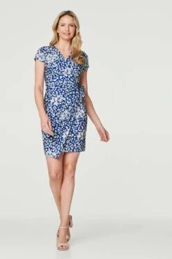Animal Print Ruched Short Wrap Dress -Hallmark Style D170315 MULTI BLUE 2