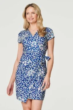 Animal Print Ruched Short Wrap Dress -Hallmark Style D170315 MULTI BLUE 4