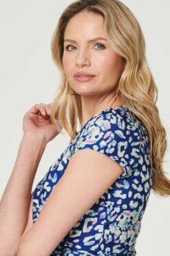 Animal Print Ruched Short Wrap Dress -Hallmark Style D170315 MULTI BLUE 5