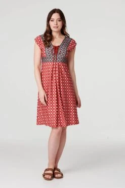 Printed Lace-Up Knee Length Dress -Hallmark Style D170378 MULTI RED 1