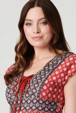 Printed Lace-Up Knee Length Dress -Hallmark Style D170378 MULTI RED 4