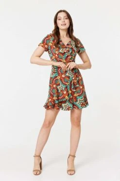 Printed Ruffle Front Wrap Dress 14 Printed Ruffle Front Wrap Dress -Hallmark Style D170419 MULTI RED 2
