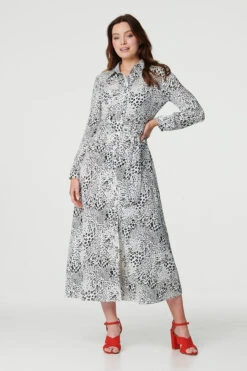 Animal Print Collared Shirt Dress -Hallmark Style D170427 BLACK AND WHITE 1