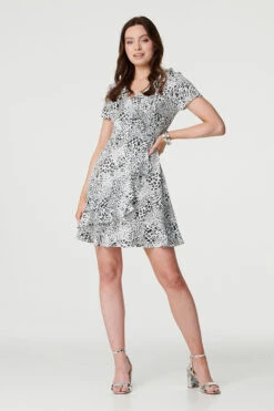 Animal Print Frilled Short Dress -Hallmark Style D170429 BLACK AND WHITE 2