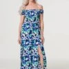 Floral Bardot Split Hem Maxi Dress -Hallmark Style D170430 MULTI NAVY 1