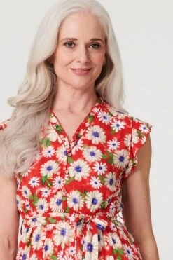 Daisy Print Frilled Sleeve Dress -Hallmark Style D170431 MULTI RED 3