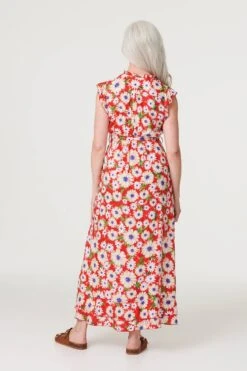 Daisy Print Frilled Sleeve Dress -Hallmark Style D170431 MULTI RED 4