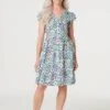 Printed Frill Sleeve Short Dress -Hallmark Style D170435 MULTI GREEN 1