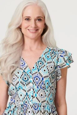 Printed Frill Sleeve Short Dress -Hallmark Style D170435 MULTI GREEN 4