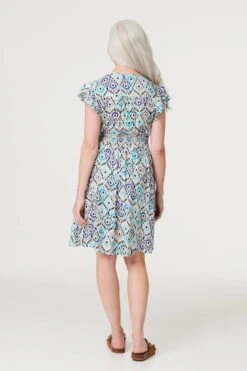 Printed Frill Sleeve Short Dress -Hallmark Style D170435 MULTI GREEN 5