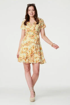 Floral Print Ruffle Wrap Dress -Hallmark Style D170438 MULTI YELLOW 2