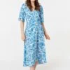 Leaf Print 1/2 Sleeve Wrap Dress -Hallmark Style D170440 BLUE 1