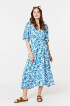 Leaf Print 1/2 Sleeve Wrap Dress -Hallmark Style D170440 BLUE 2