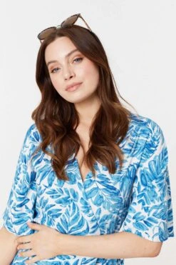Leaf Print 1/2 Sleeve Wrap Dress -Hallmark Style D170440 BLUE 4