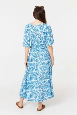 Leaf Print 1/2 Sleeve Wrap Dress -Hallmark Style D170440 BLUE 6