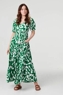 Printed Puff Sleeve Maxi Dress -Hallmark Style D170442 GREEN 2