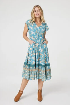 Floral V-Neck Shirred Midi Dress -Hallmark Style D170443 MULTI GREEN 2