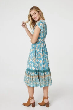 Floral V-Neck Shirred Midi Dress -Hallmark Style D170443 MULTI GREEN 8