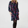 Leaf Print Smocked Shirt Dress -Hallmark Style D170474 MULTI BLACK 1