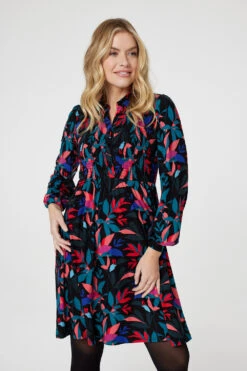 Leaf Print Smocked Shirt Dress -Hallmark Style D170474 MULTI BLACK 2