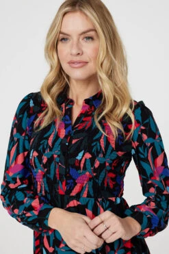 Leaf Print Smocked Shirt Dress -Hallmark Style D170474 MULTI BLACK 3