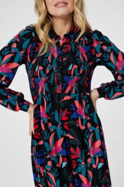 Leaf Print Smocked Shirt Dress -Hallmark Style D170474 MULTI BLACK 4