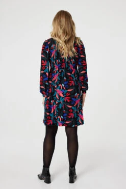 Leaf Print Smocked Shirt Dress -Hallmark Style D170474 MULTI BLACK 5