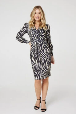 Zebra Print Long Sleeve Wrap Dress -Hallmark Style D170513 MULTI GREEN 1