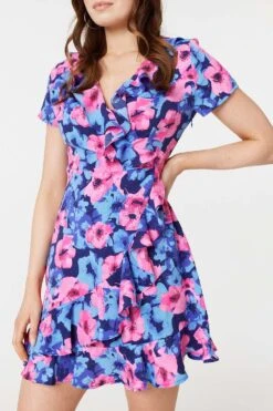 Floral Frill Faux Wrap Short Dress -Hallmark Style D170656 MULTI BLUE 5