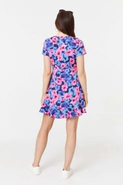 Floral Frill Faux Wrap Short Dress -Hallmark Style D170656 MULTI BLUE 6