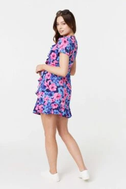 Floral Frill Faux Wrap Short Dress -Hallmark Style D170656 MULTI BLUE 7