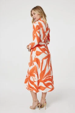 Printed Long Sleeve Midi Shirt Dress -Hallmark Style D170657 ORANGE 6