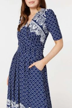 Printed 1/2 Sleeve Midi Dress -Hallmark Style D170667 MULTI NAVY 4