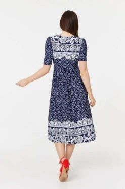 Printed 1/2 Sleeve Midi Dress -Hallmark Style D170667 MULTI NAVY 6
