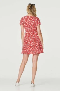 Ditsy Floral Short Faux Wrap Dress -Hallmark Style D170671 RED 4