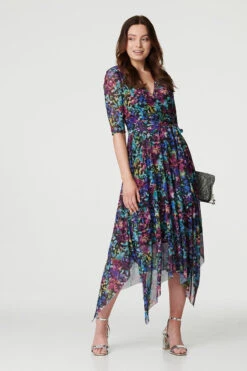 Printed Hanky Hem Semi Sheer Midi Dress -Hallmark Style D170674 MULTI BLACK 1