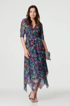 Printed Hanky Hem Semi Sheer Midi Dress