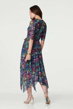 Printed Hanky Hem Semi Sheer Midi Dress -Hallmark Style D170674 MULTI BLACK 5