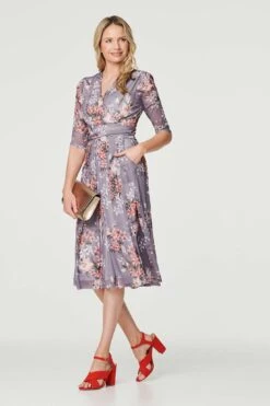 Floral Layered V-Neck Midi Dress -Hallmark Style D170675 MULTI GREY 2