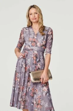 Floral Layered V-Neck Midi Dress -Hallmark Style D170675 MULTI GREY 4