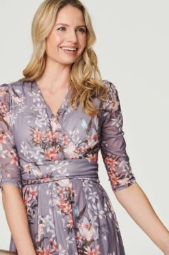 Floral Layered V-Neck Midi Dress -Hallmark Style D170675 MULTI GREY 5