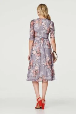 Floral Layered V-Neck Midi Dress -Hallmark Style D170675 MULTI GREY 7