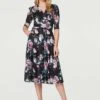Floral Ruched Midi Tea Dress -Hallmark Style D170676 MULTI BLACK 1