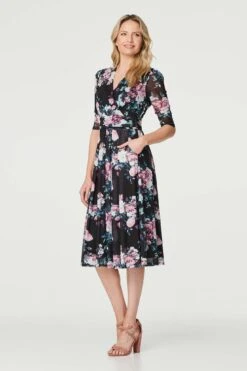 Floral Ruched Midi Tea Dress -Hallmark Style D170676 MULTI BLACK 2